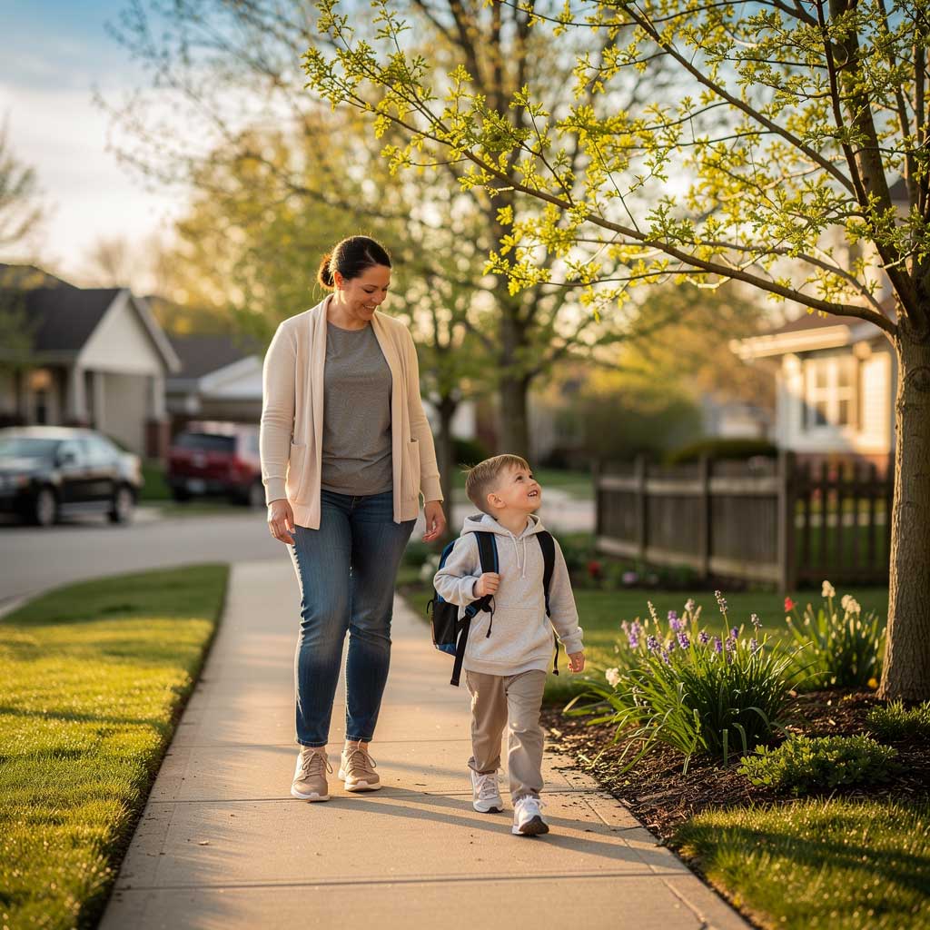 Parent and child walking together outdoors in spring — building an after-school outdoor routine to support healthy vision development