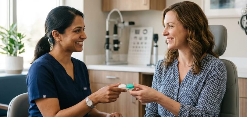 Optometrist helping a patient with contact lens comfort during an eye exam in Chicagoland