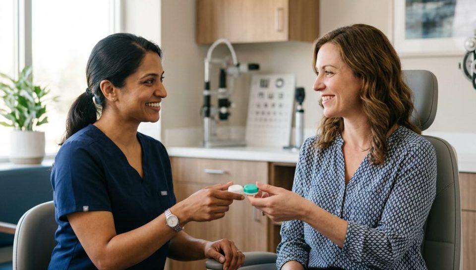 Optometrist helping a patient with contact lens comfort during an eye exam in Chicagoland