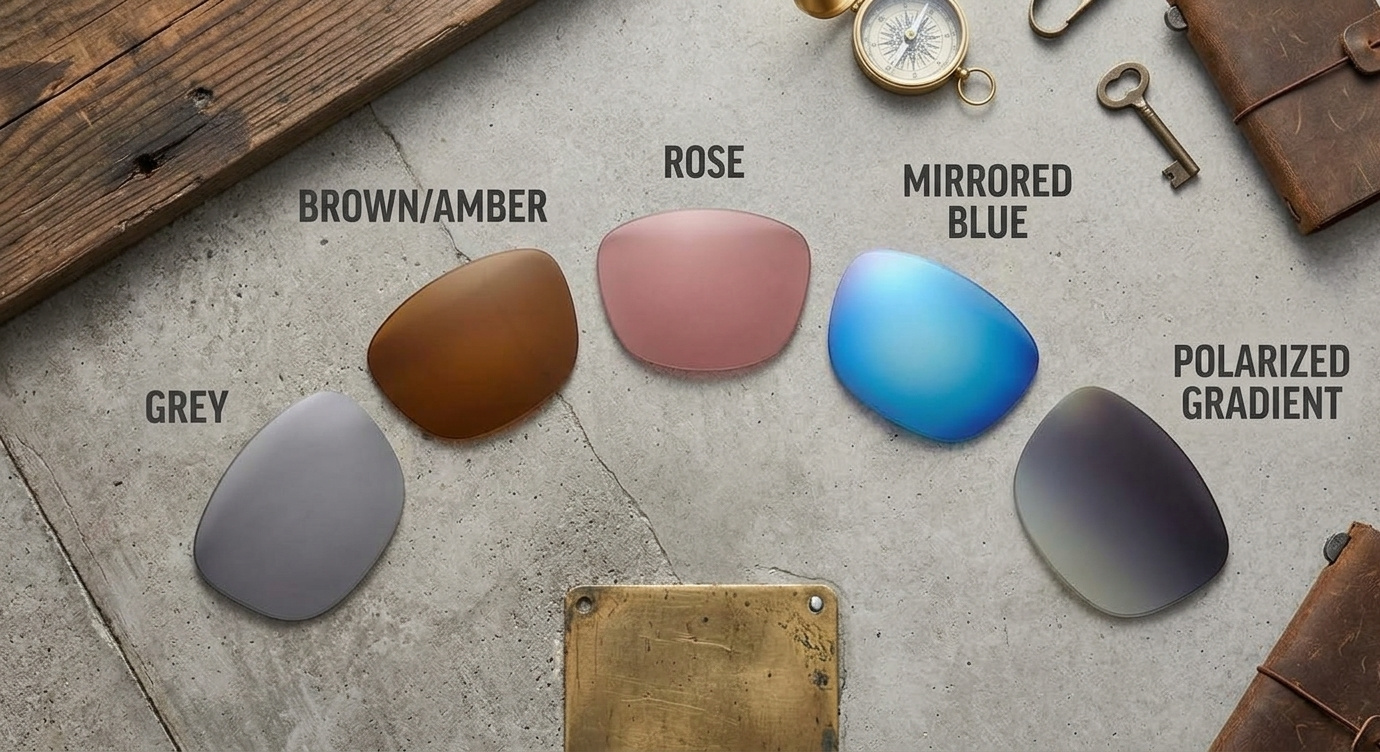 How to Choose Sunglass Lens Tint for Eye Protection | The Eye Care Center Illinois Five sunglass lens tints — grey, amber, rose, blue mirror, and gradient — each suited to different lighting conditions and outdoor activities
