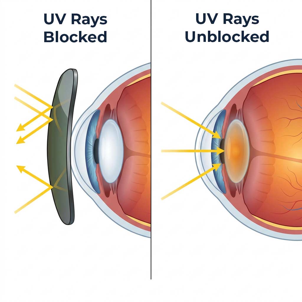 How UV Radiation Damages the Eye Over Time | The Eye Care Center Medical illustration showing UV rays blocked by quality sunglasses compared to UV penetrating an unprotected eye