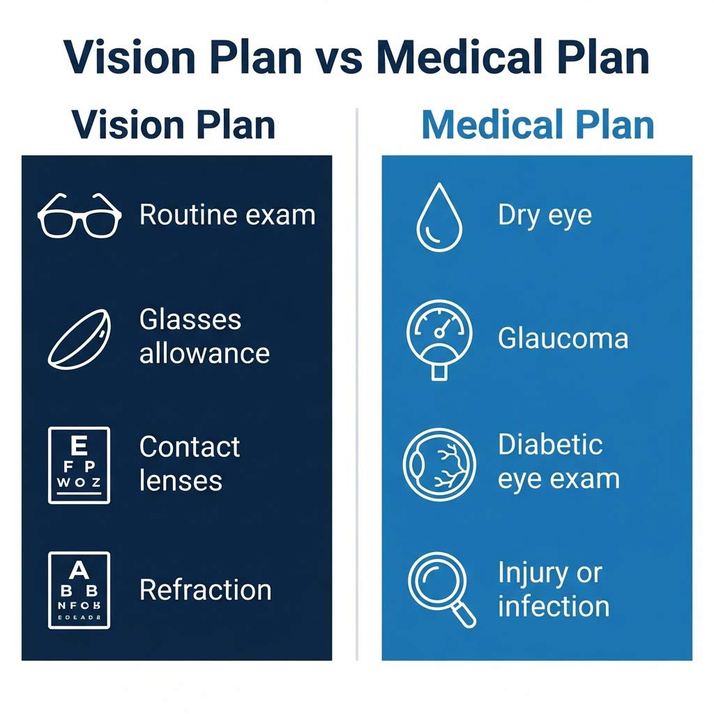 Vision Plan vs. Medical Plan Coverage Infographic comparing what a vision plan covers versus what a medical plan covers for eye care
