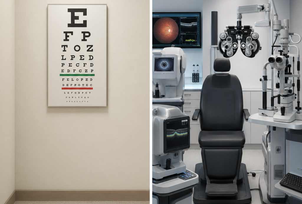 Vision Screening vs Comprehensive Eye Exam — The Critical Difference | The Eye Care Center Illinois Split comparison illustration showing a basic vision screening eye chart versus a fully equipped comprehensive eye exam room with advanced diagnostic technology