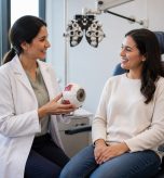 Optometrist explaining astigmatism to a patient using an eye model during a comprehensive eye exam in Chicagoland