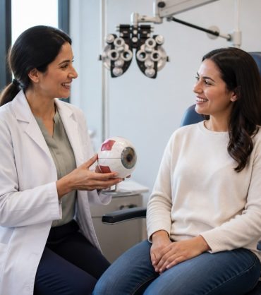 Optometrist explaining astigmatism to a patient using an eye model during a comprehensive eye exam in Chicagoland