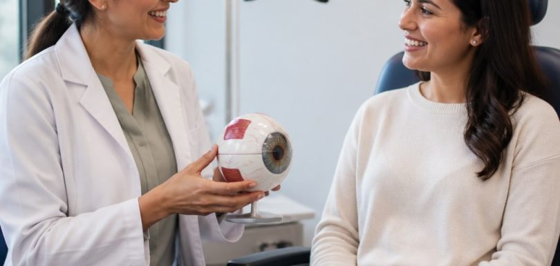 Optometrist explaining astigmatism to a patient using an eye model during a comprehensive eye exam in Chicagoland