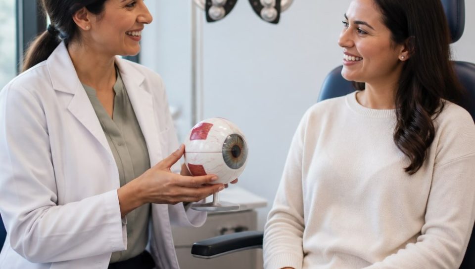 Optometrist explaining astigmatism to a patient using an eye model during a comprehensive eye exam in Chicagoland