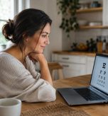 Woman taking an online vision test on a laptop at her kitchen table