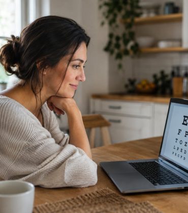 Woman taking an online vision test on a laptop at her kitchen table