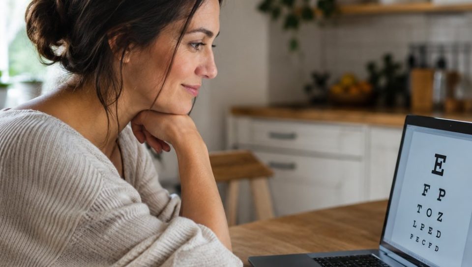 Woman taking an online vision test on a laptop at her kitchen table