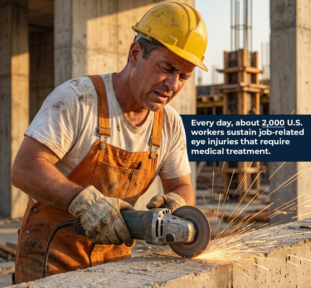 Construction worker grinding metal without safety glasses showing flying sparks and workplace eye injury risk