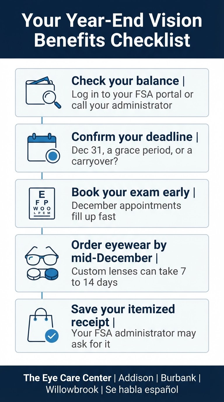 Year-end vision benefits checklist Five-step checklist for using FSA, HSA, and vision insurance benefits before the end of the year